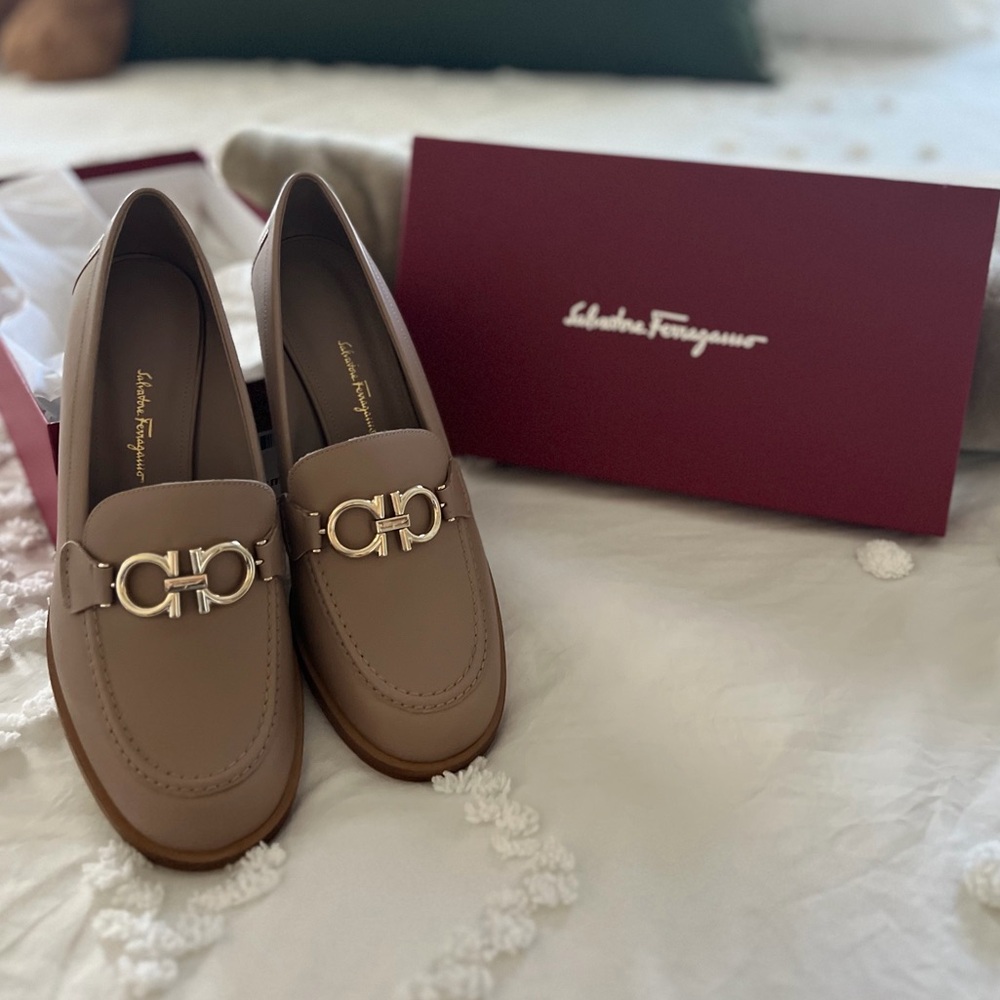 Salvatore Ferragamo Taupe Leather Block Heel Loafers with Gold Horsebit
